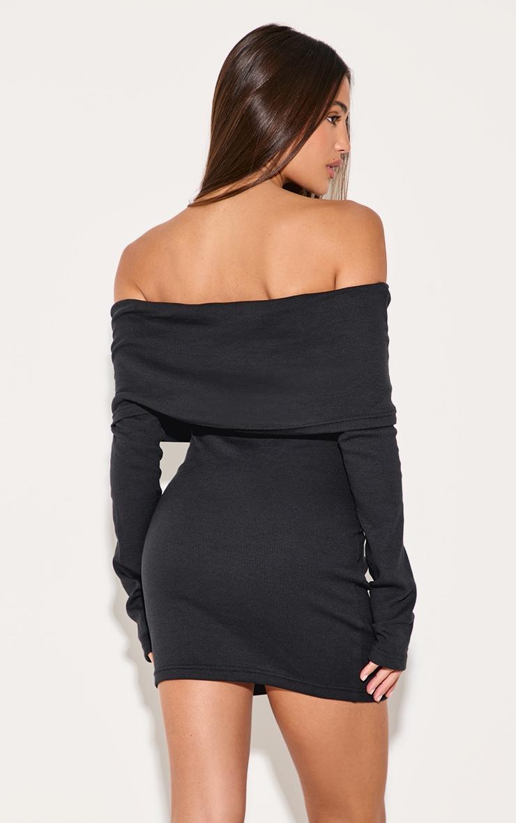  Black Rib Fold Over Bardot Button Mini Dress Product Image