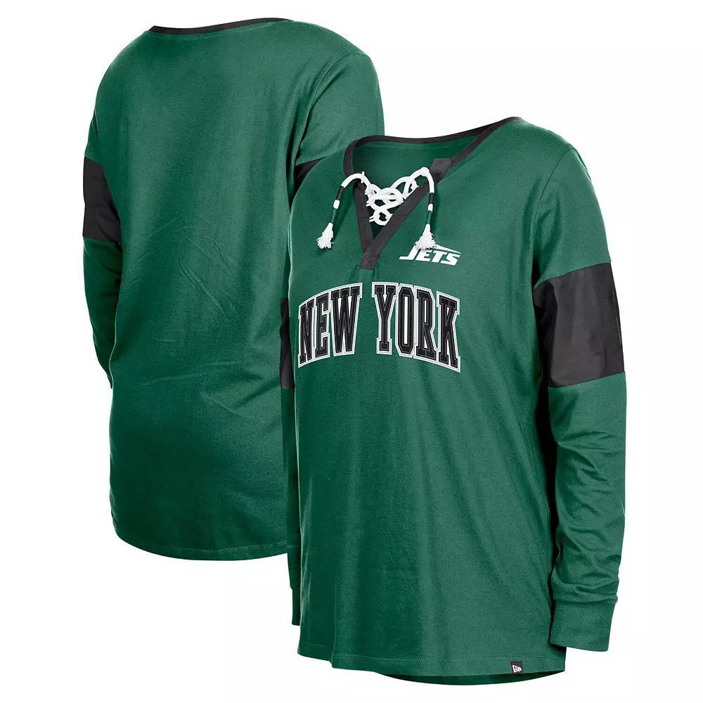 Women's New Era Green New York Jets Lace-Up Notch-Neck Long Sleeve T-Shirt,  Product Image