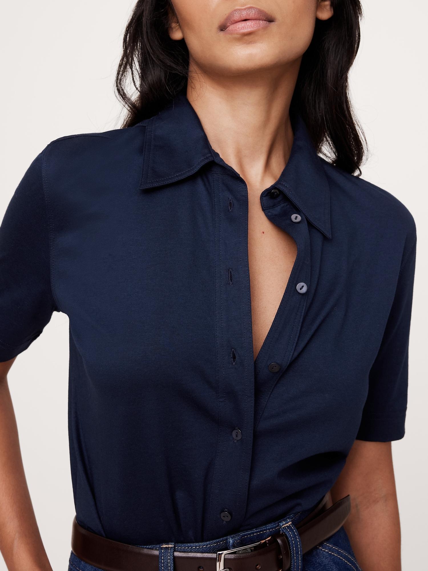 Silky Cotton Short-Sleeve Button-Down Top Product Image
