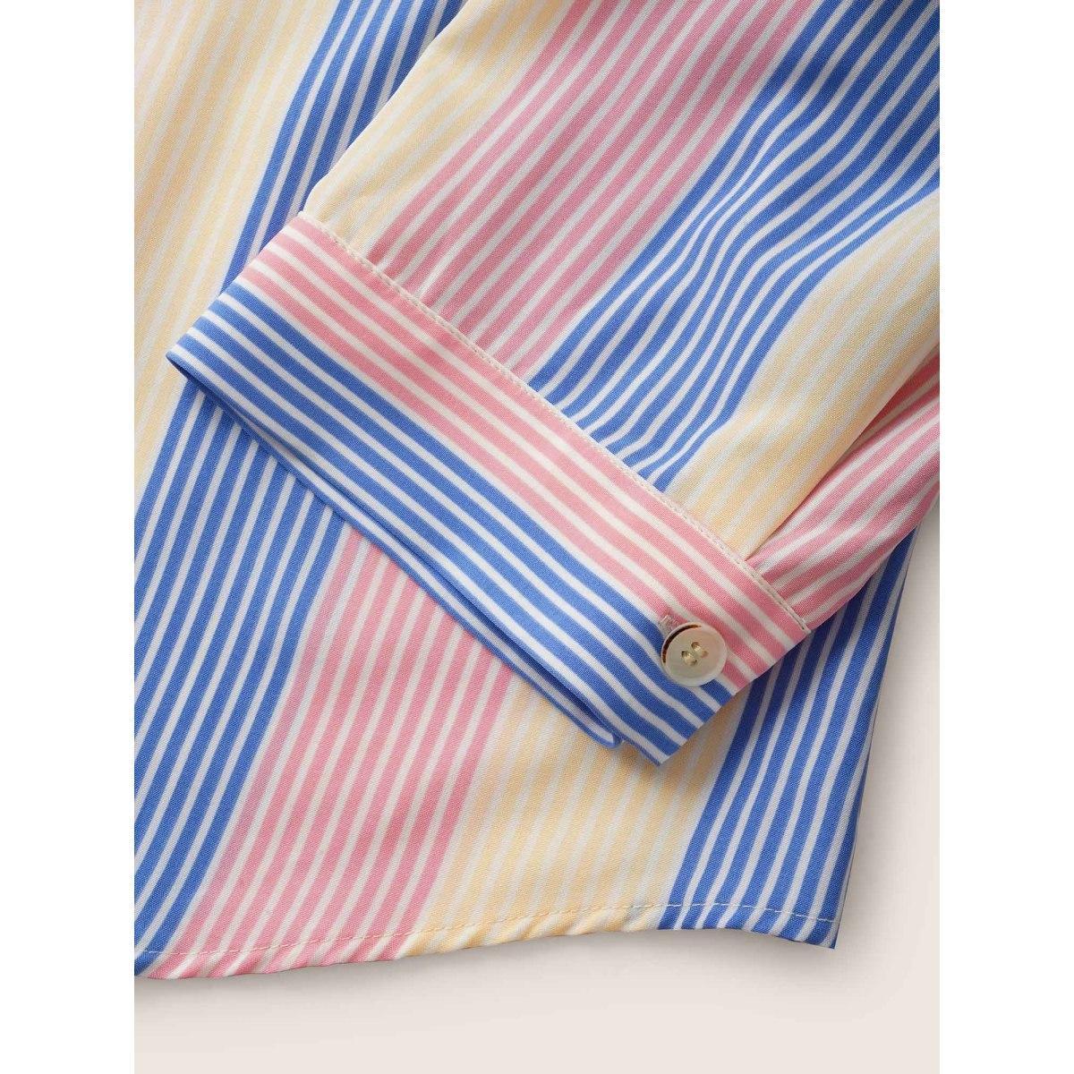 Plus Size Multicolor Contrast Striped Drawstring Patched Pocket Blouse Women Casual Elbow-length sleeve Shirt collar Everyday Blouses BloomChic 12/L Product Image