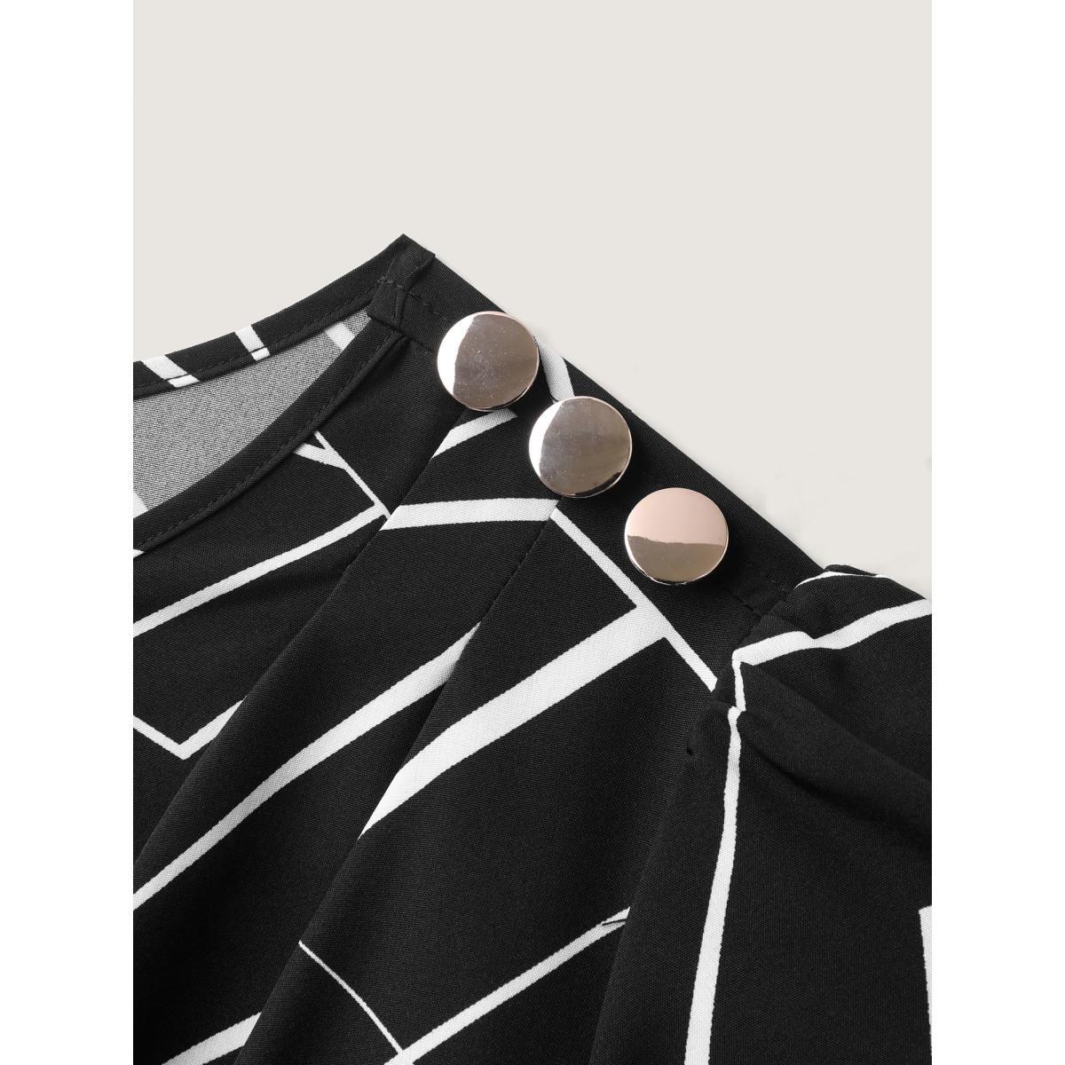 Plus Size Black Abstract Detail Button Detail Blouse Women Short sleeve Round Neck Work Blouses BloomChic 30/6X Product Image