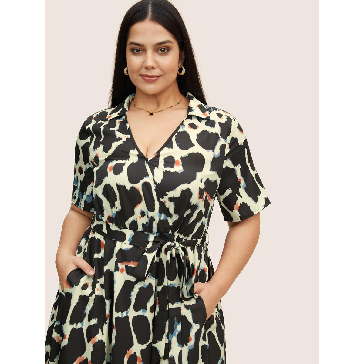 Plus Size Overlap Collar Geometric Belted Dress Black Women At the Office Overlapping Overlap Collar Short sleeve Curvy BloomChic 18-20/2X Product Image