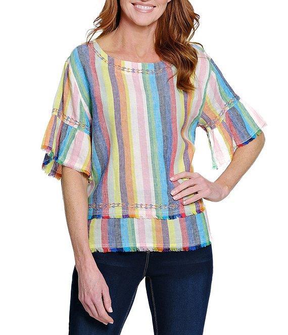 John Mark Petite Size Embroidered Yarn-Dye Stripe Crew Neck Short Ruffle Hi-Low Hem Top Product Image