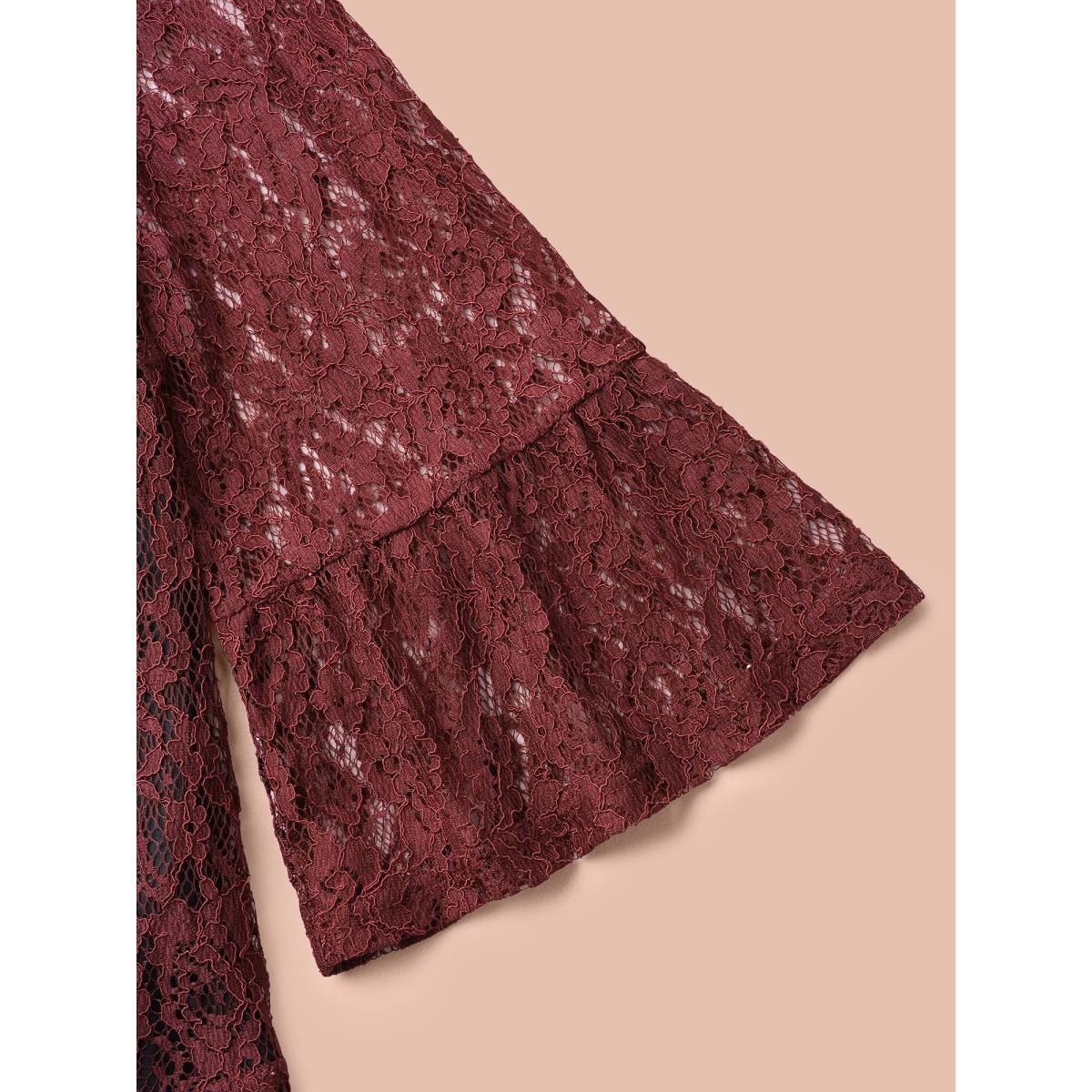 Plus Size Burgundy Round Neck Contrast Lace Ruffled Sleeve Blouse Women Elegant Elbow-length sleeve Round Neck Everyday Blouses BloomChic 12/L Product Image