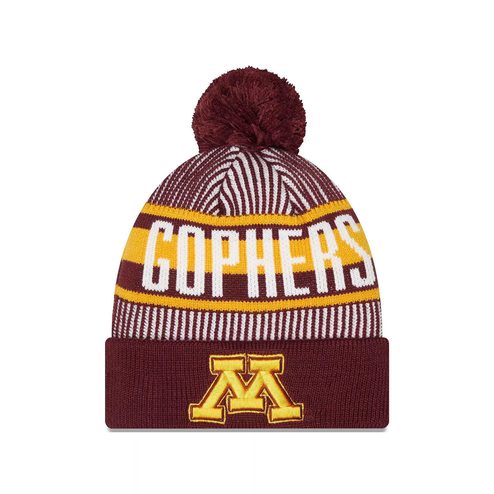 Men's New Era  Maroon Minnesota Golden Gophers Logo Striped Cuff Knit Hat with Pom, Red Product Image