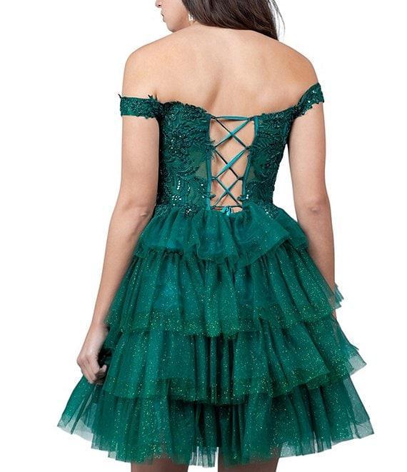 Cinderella Couture Off-The-Shoulder Beaded Sequin Tiered Ruffle Lace Up Back Fit-And-Flare Dress Product Image