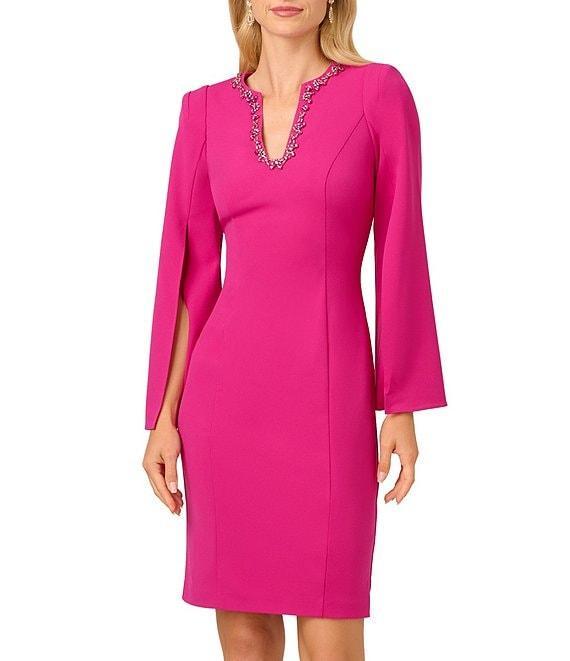 Adrianna Papell Solid Crepe Jewel Embellished Split V-Neck Long Sleeve Sheath Dress Product Image