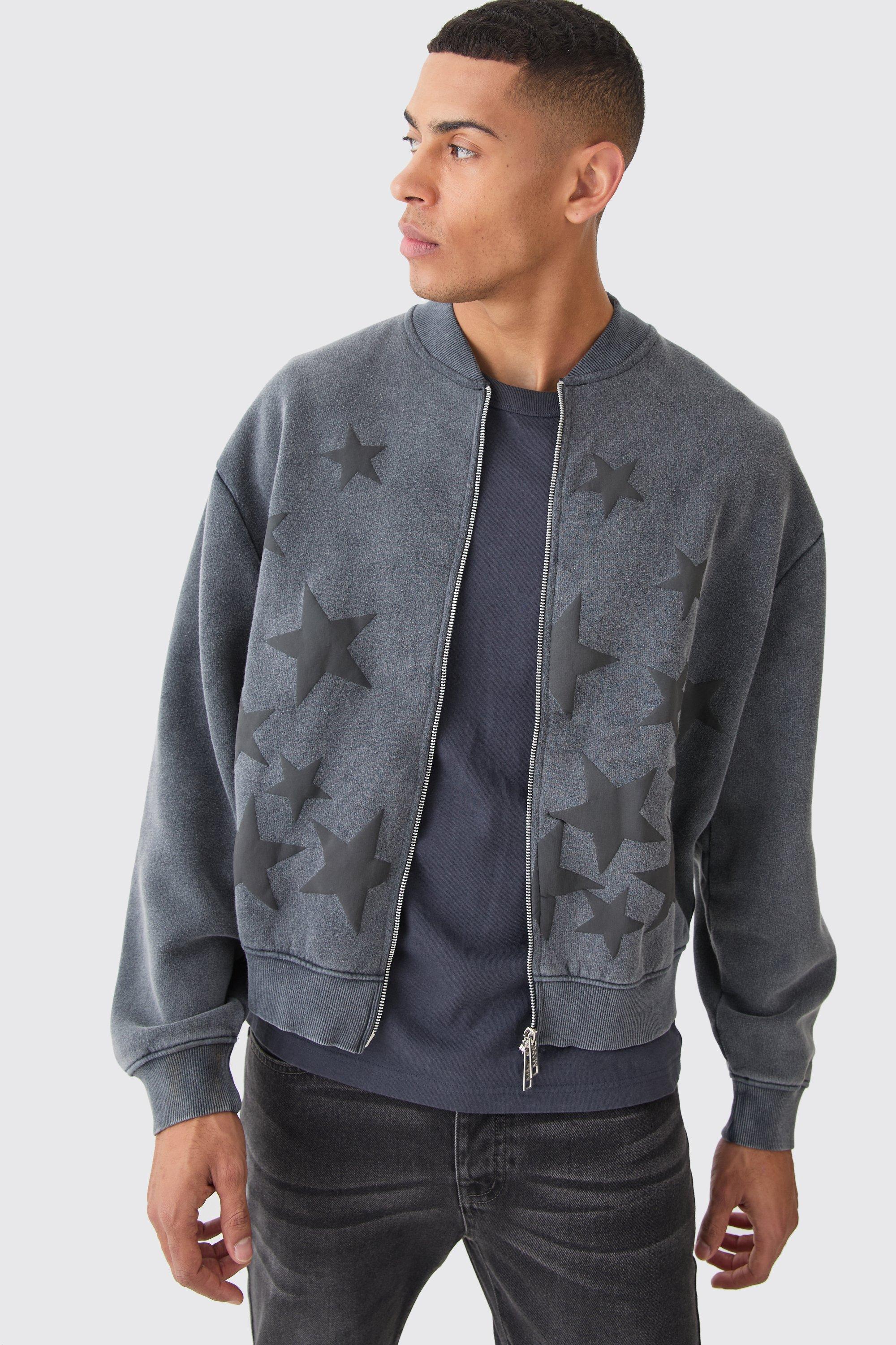 Mens Oversized Boxy Acid Wash Star Applique Jersey Bomber Jacket - Grey Product Image