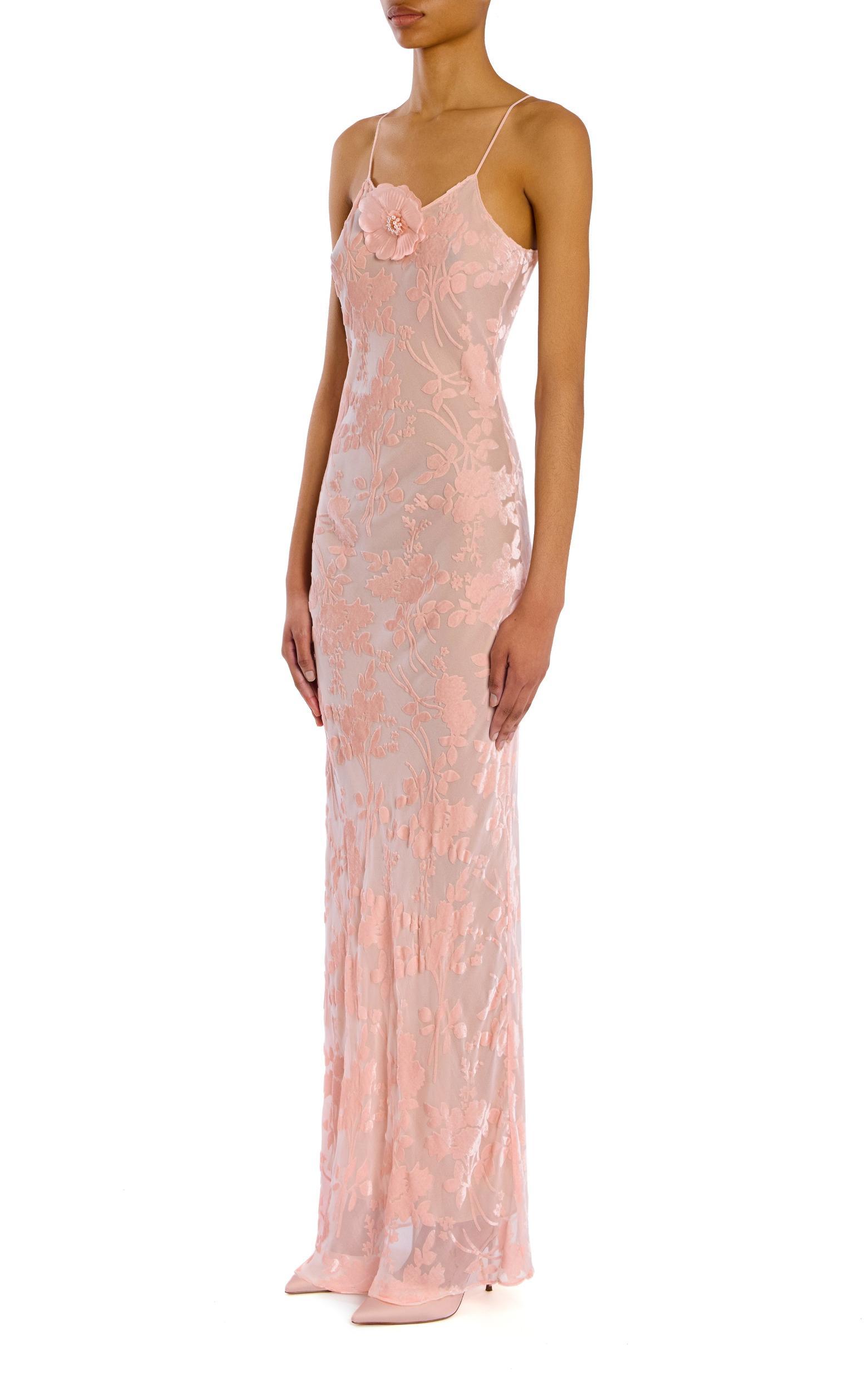 Pink Velvet Devoré Slip Gown With Silk Flower Pin Product Image