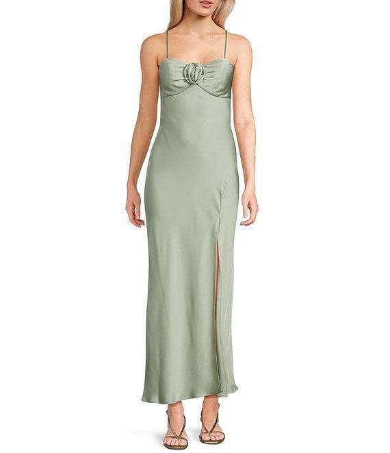 Next Up Satin Sweetheart Neck Front Rosette Side Slit Midi Dress Product Image