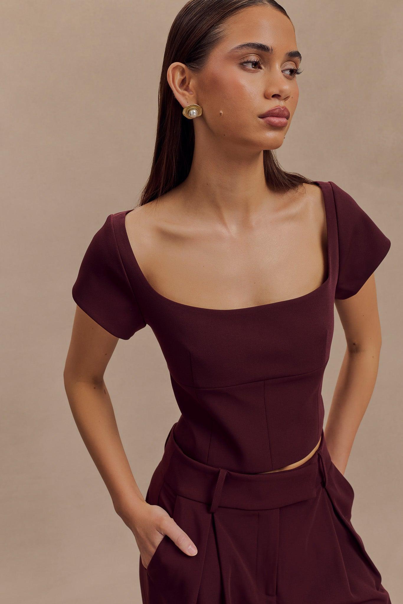 Ellis Cap Sleeve Longline Suiting Top - Mahogany Product Image