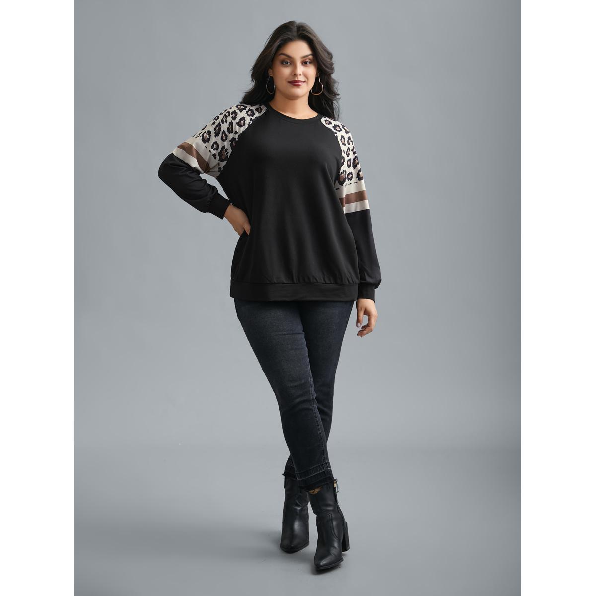 Plus Size Round Neck Stretchy Leopard Sleeve Sweatshirt Women Black Casual Contrast Round Neck Everyday Sweatshirts BloomChic 30/6X Product Image
