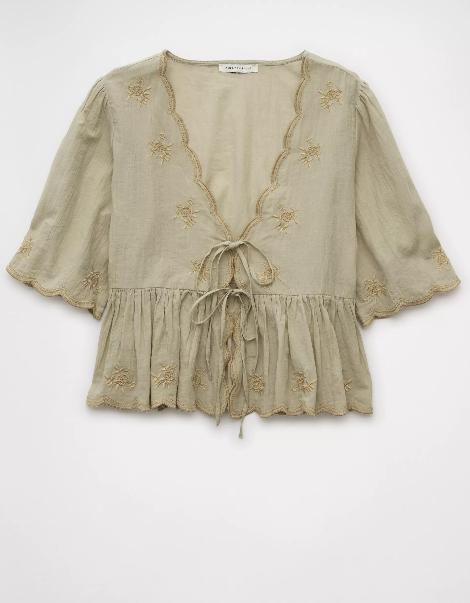 AE Embroidered Tie Front V-Neck Blouse Product Image