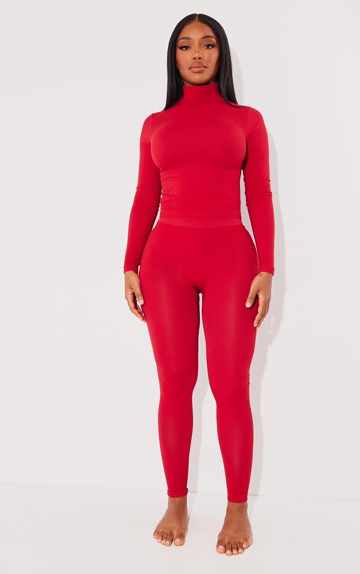 Shape Cherry Red Stretch Seamless High Neck Long Sleeve Top Product Image