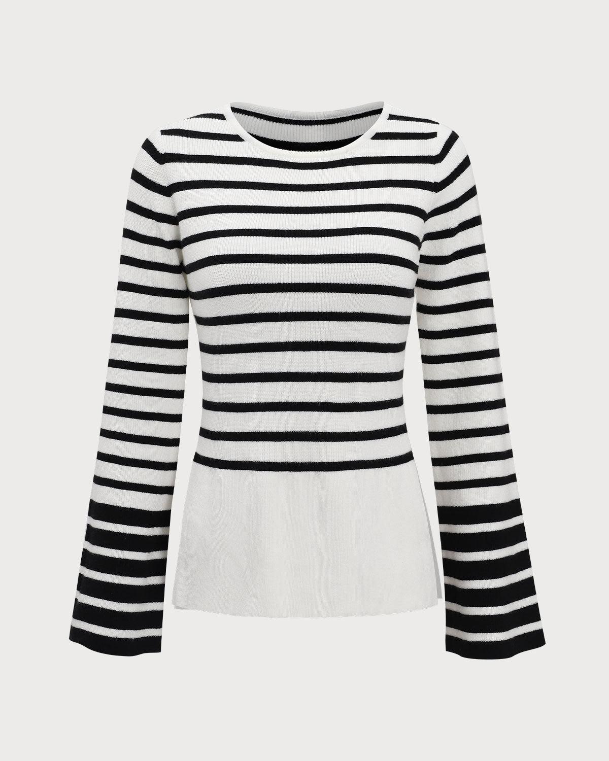 White Striped Boat Neck Sweater Product Image