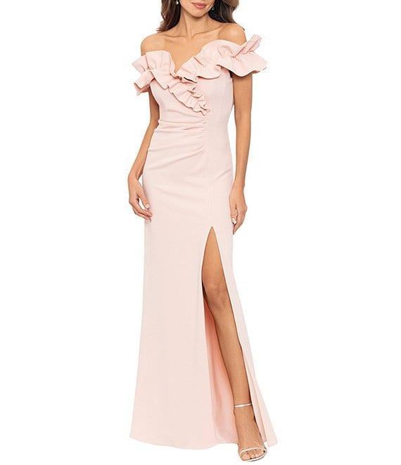 Xscape Stretch Ruffle Off-the-Shoulder Ruched Back Gown Product Image