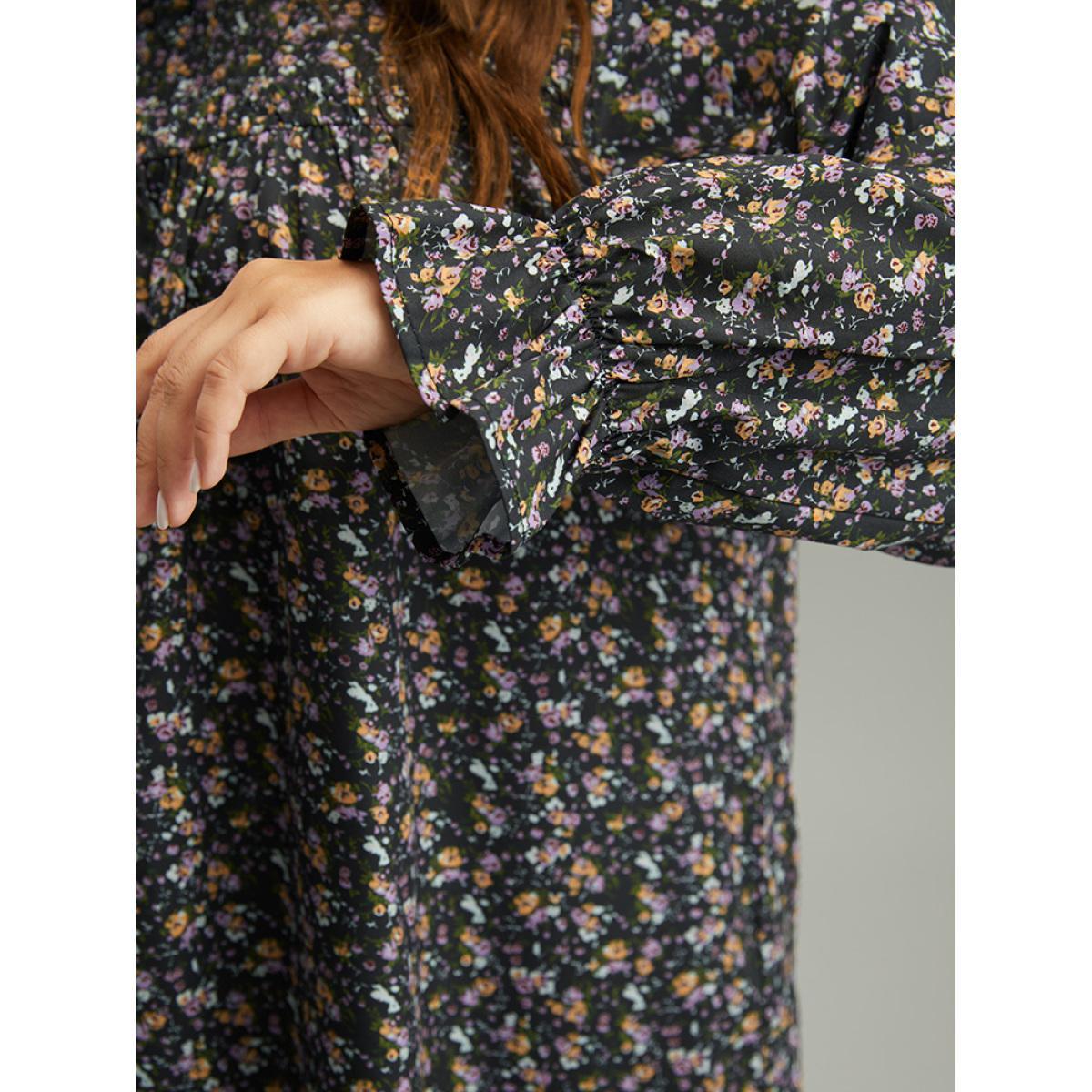 Plus Size Black Ditsy Floral Stand Collar Pleated Blouse Women Elegant Long Sleeve Stand-up collar Dailywear Blouses BloomChic 18-20/2X Product Image