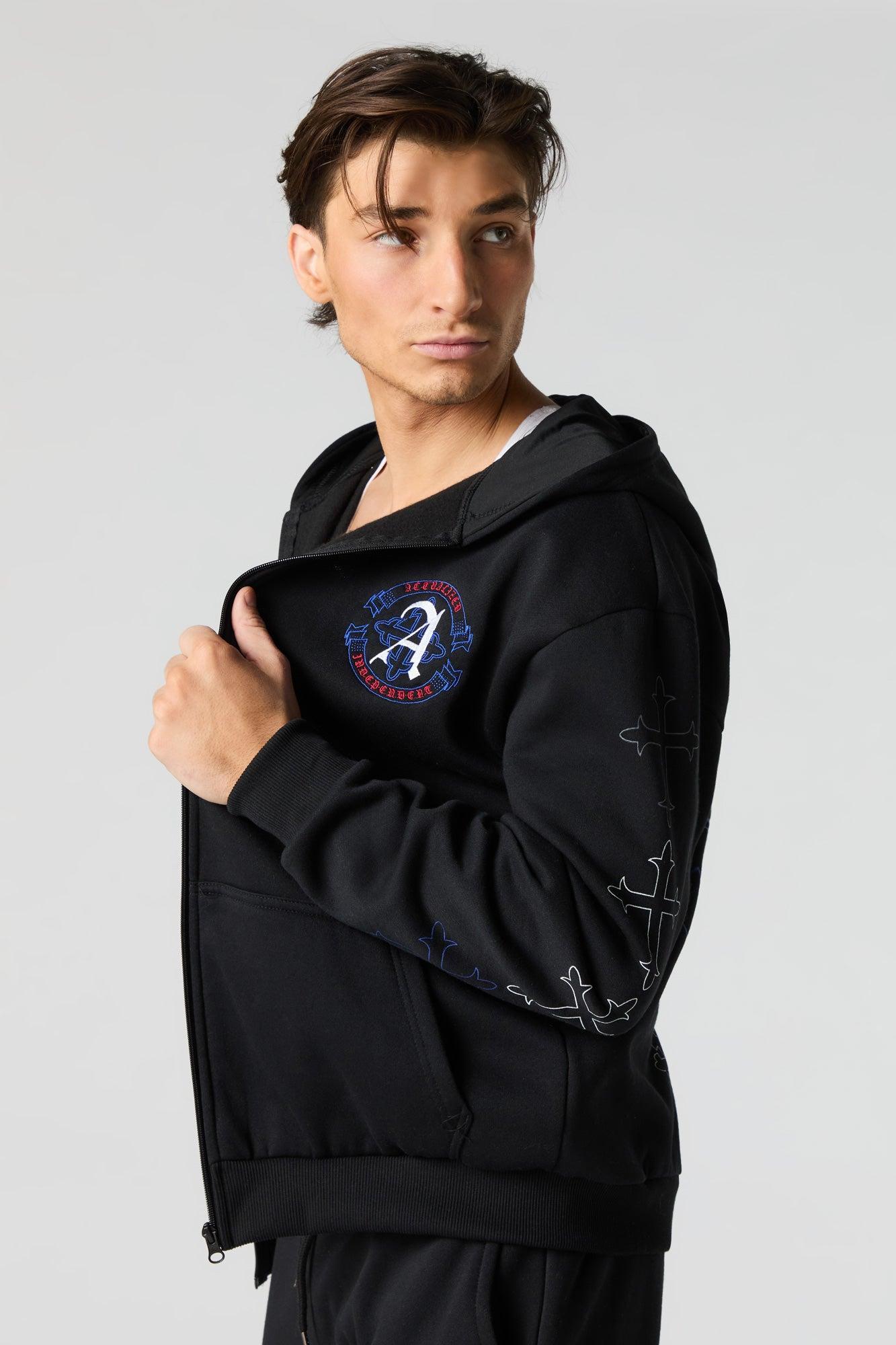 Gothic Embroidered Fleece Zip-Up Hoodie Male Product Image