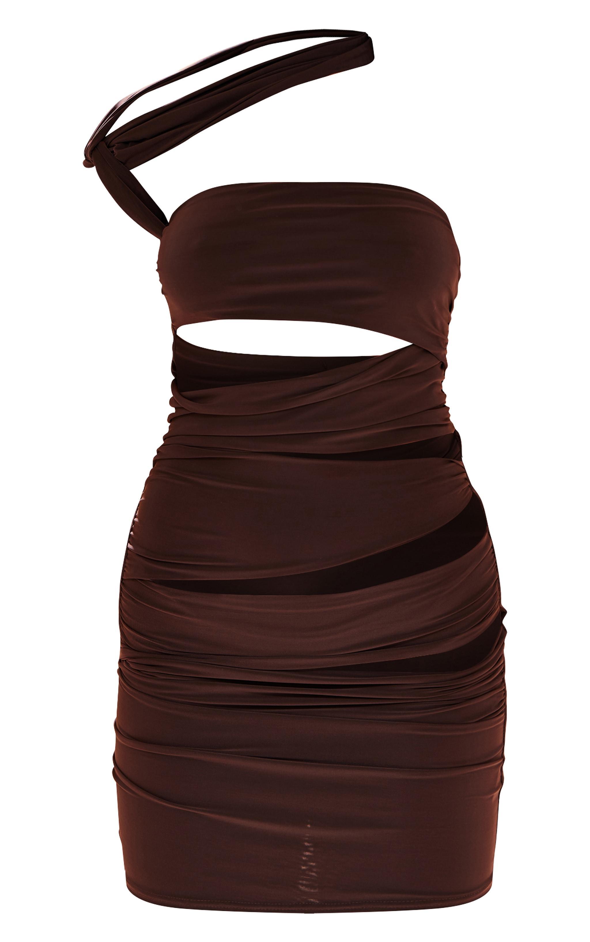 Premium Chocolate Double Layer Slinky Ruched Cut Out Bodycon Dress Product Image