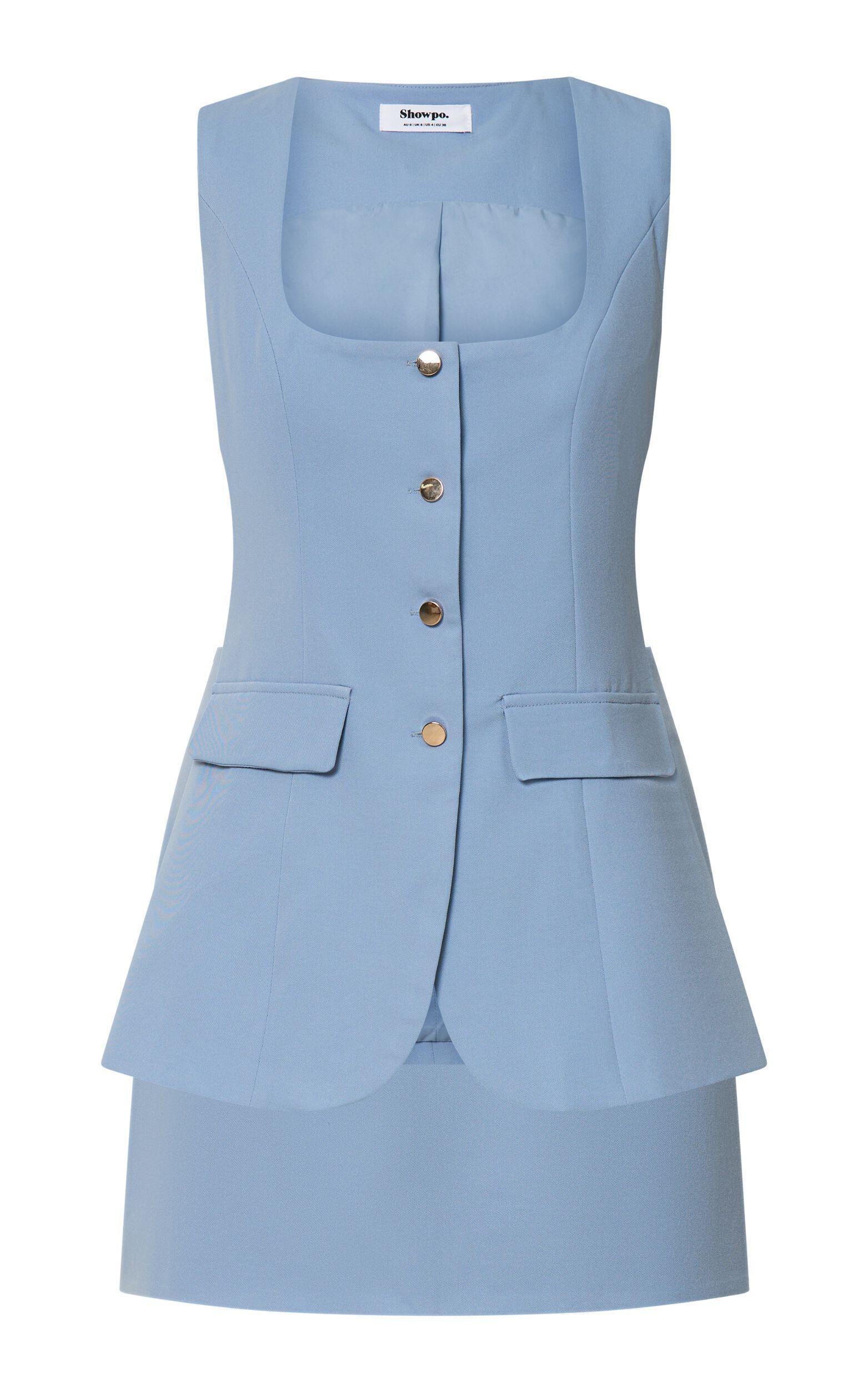 Phyllis Two Piece Set - Tailored Scoop Neck Vest Top and A Line Mini Skirt Set with Gold Buttons in Blue Product Image