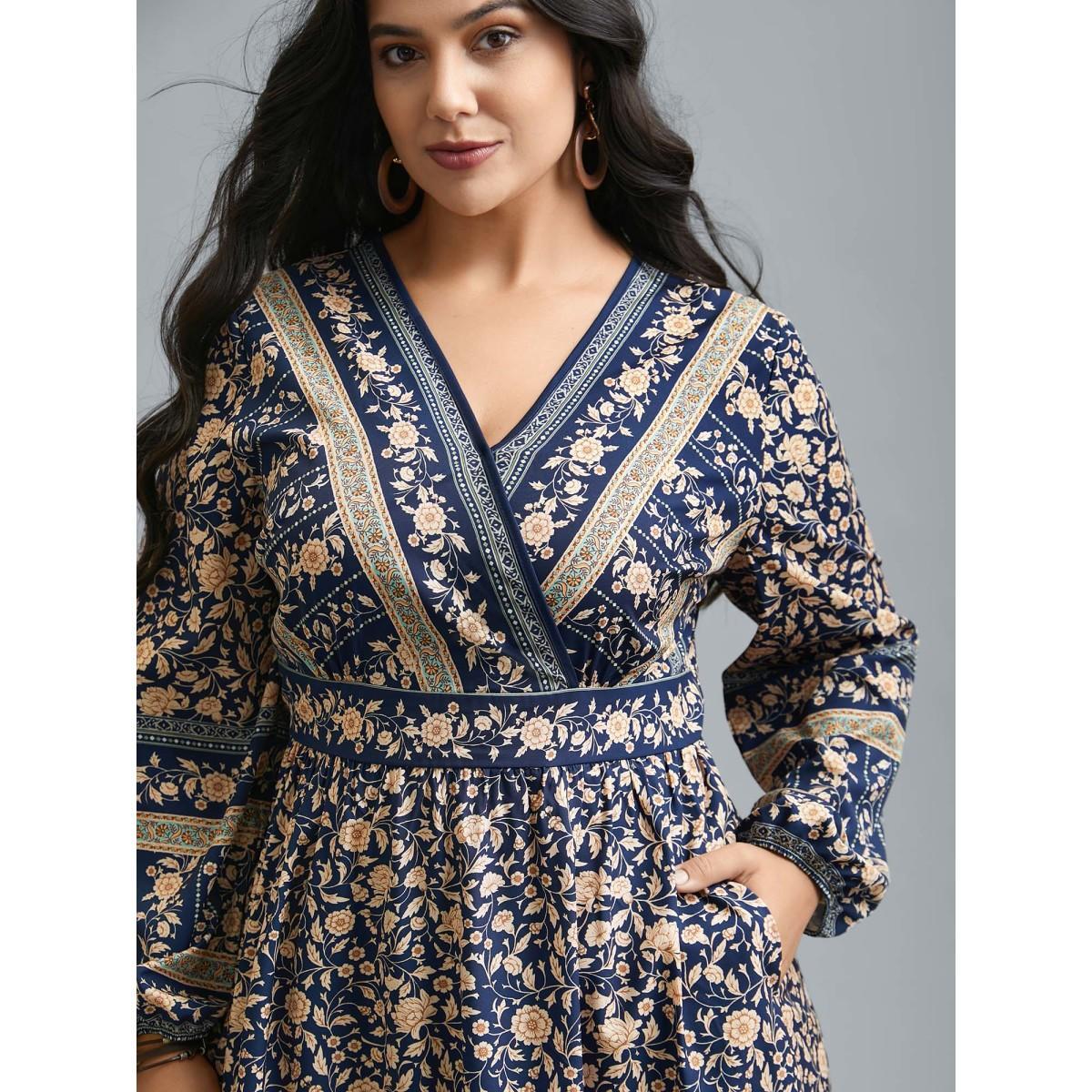 Plus Size Surplice Neck Boho Print Elastic Waist Dress Indigo Women Resort Non Overlap Collar Long Sleeve Curvy BloomChic 12/L Product Image