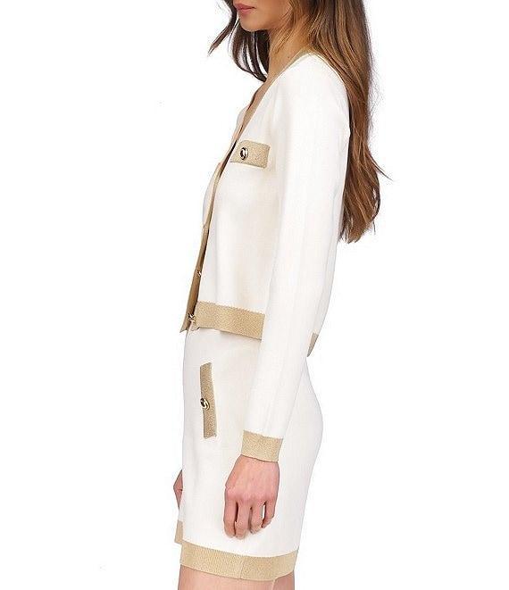 Michael Kors Metallic Trim V-Neck Long Sleeve Gold Button Cardigan Product Image
