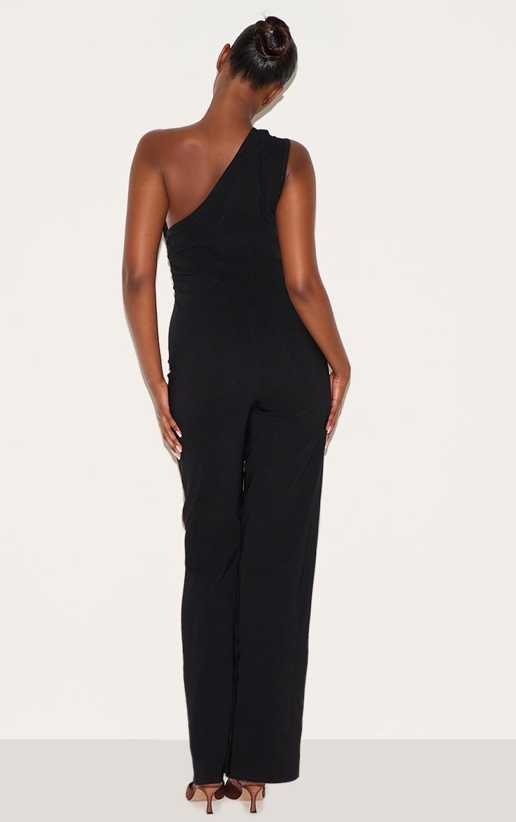 Black Stretch Woven One Shoulder Ruched Flared Jumpsuit Product Image