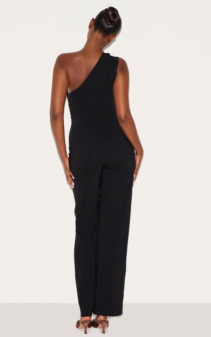 Black Stretch Woven One Shoulder Ruched Flared Jumpsuit Product Image