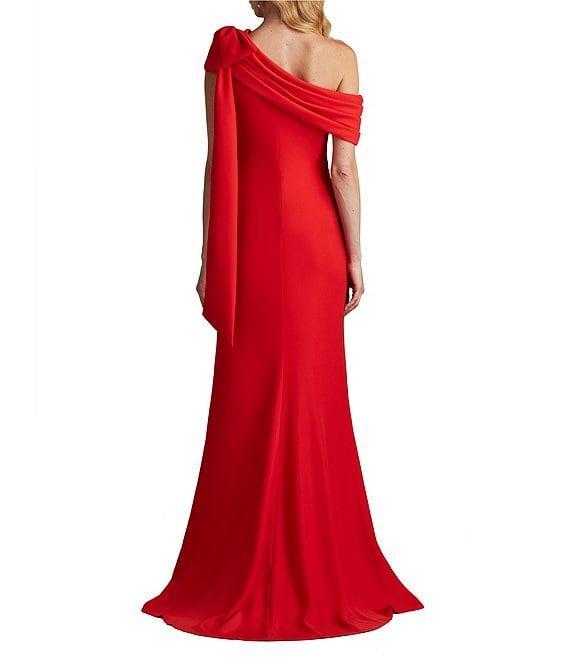 Tadashi Shoji Draped One Shoulder Bow Detail Crepe Sheath Gown Product Image