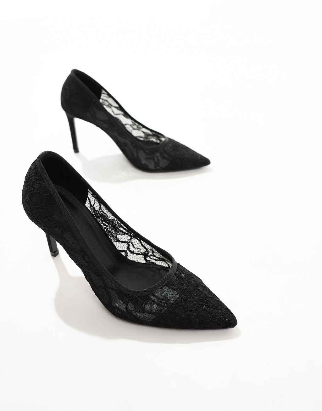 SEQWL pointed pumps with stiletto heel in black lace Product Image