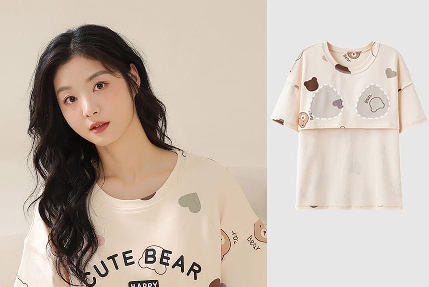 Loungewear Set : Bear Print Short-Sleeve T-Shirt & Capri Pants Product Image