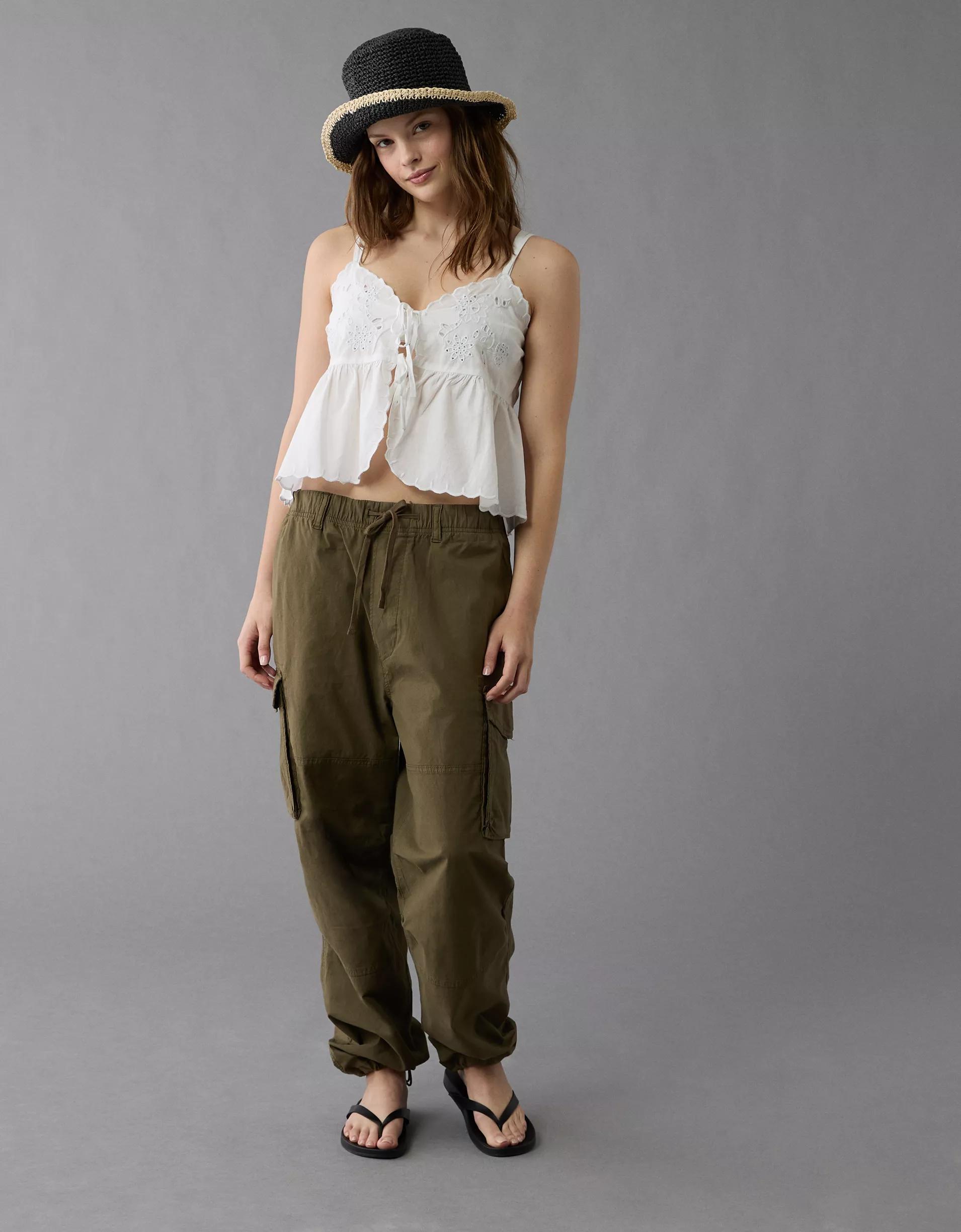 AE Tie Front Embroidered Tank Top Product Image