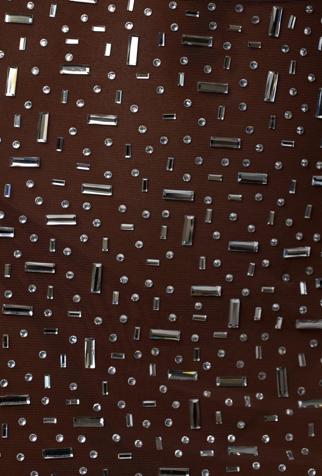 Sheer Embellished Bodycon Mini Dress in Deep Cocoa Product Image