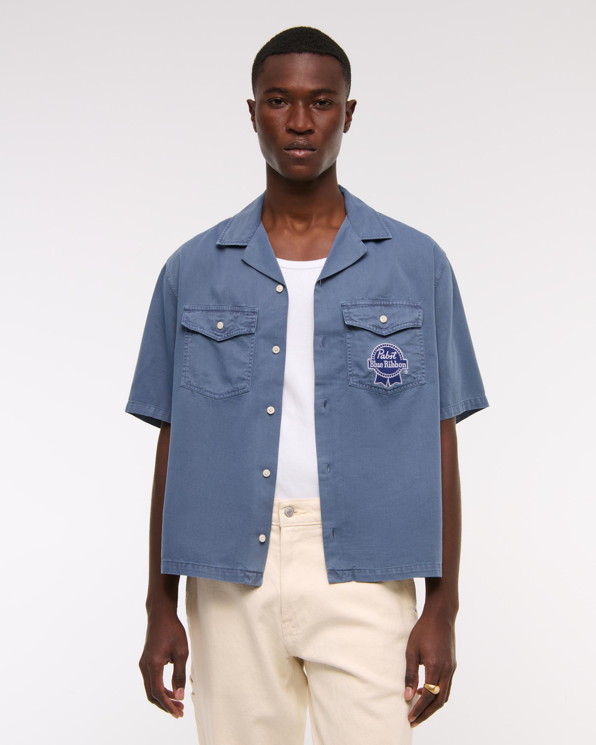 Short-Sleeve Cropped Modelo Workwear Button-Up Shirt Product Image