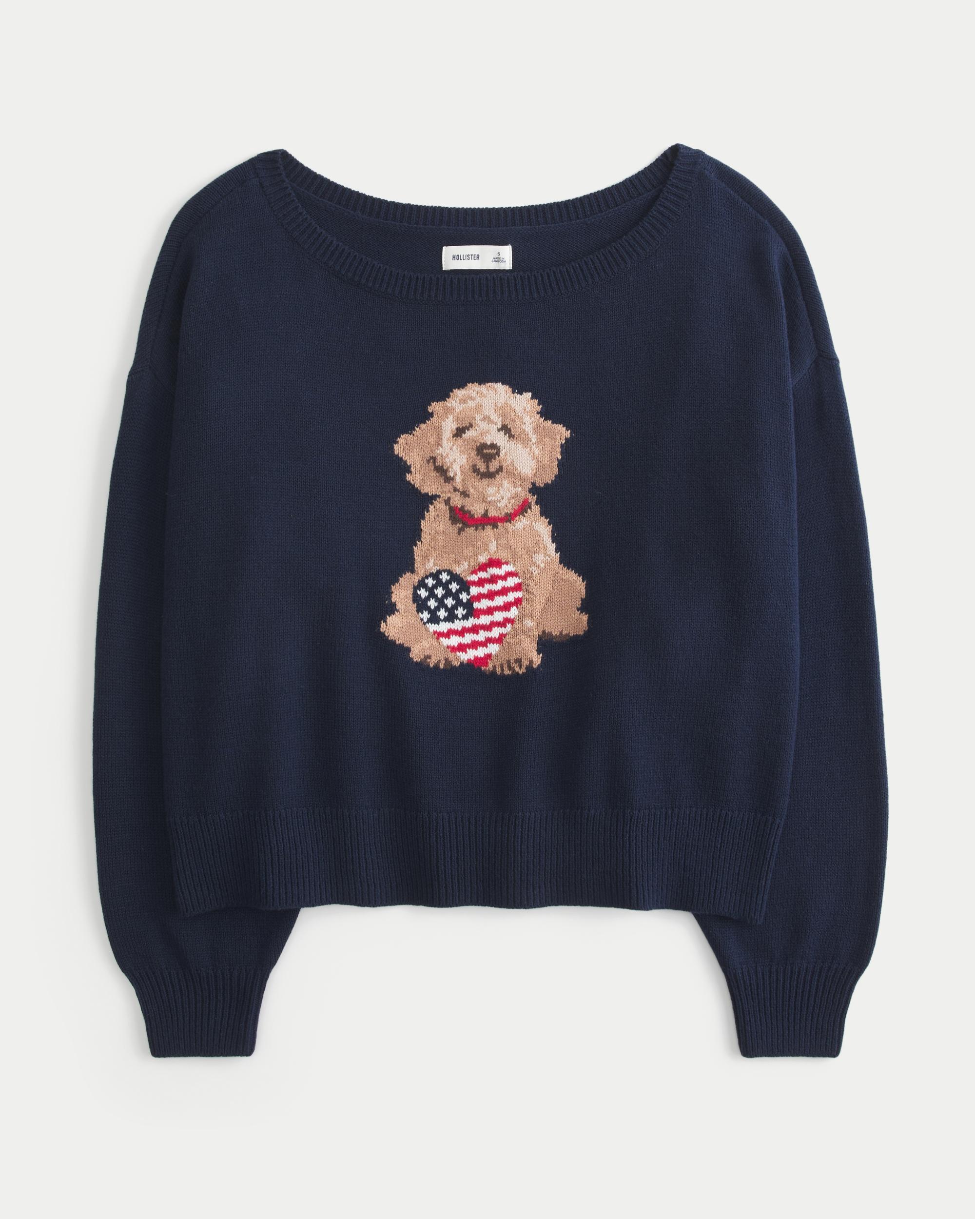 Easy Off-the-Shoulder Heart Flag Graphic Sweater Product Image