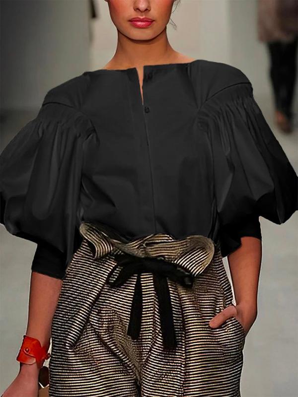Puff Sleeves Buttoned Solid Color Blouses&Shirts Tops Product Image