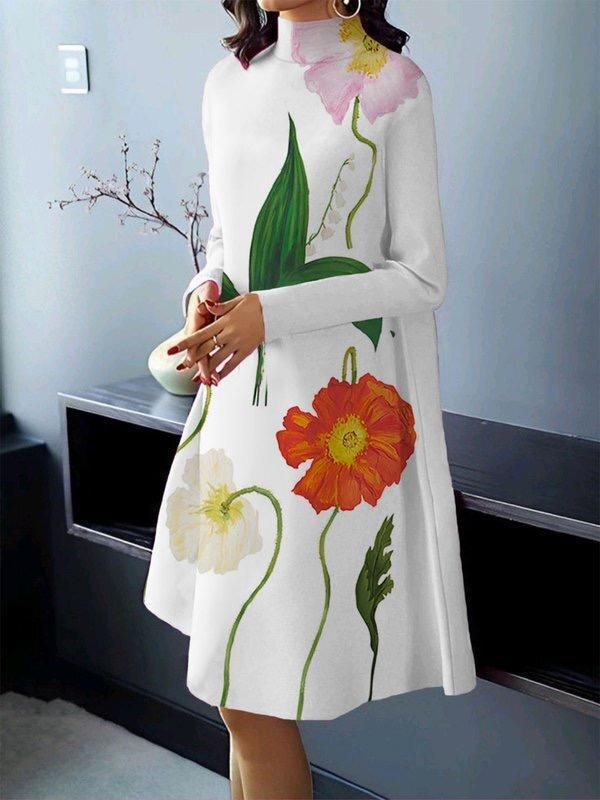Long Sleeves Loose Flower Print High Neck Midi Dresses Product Image