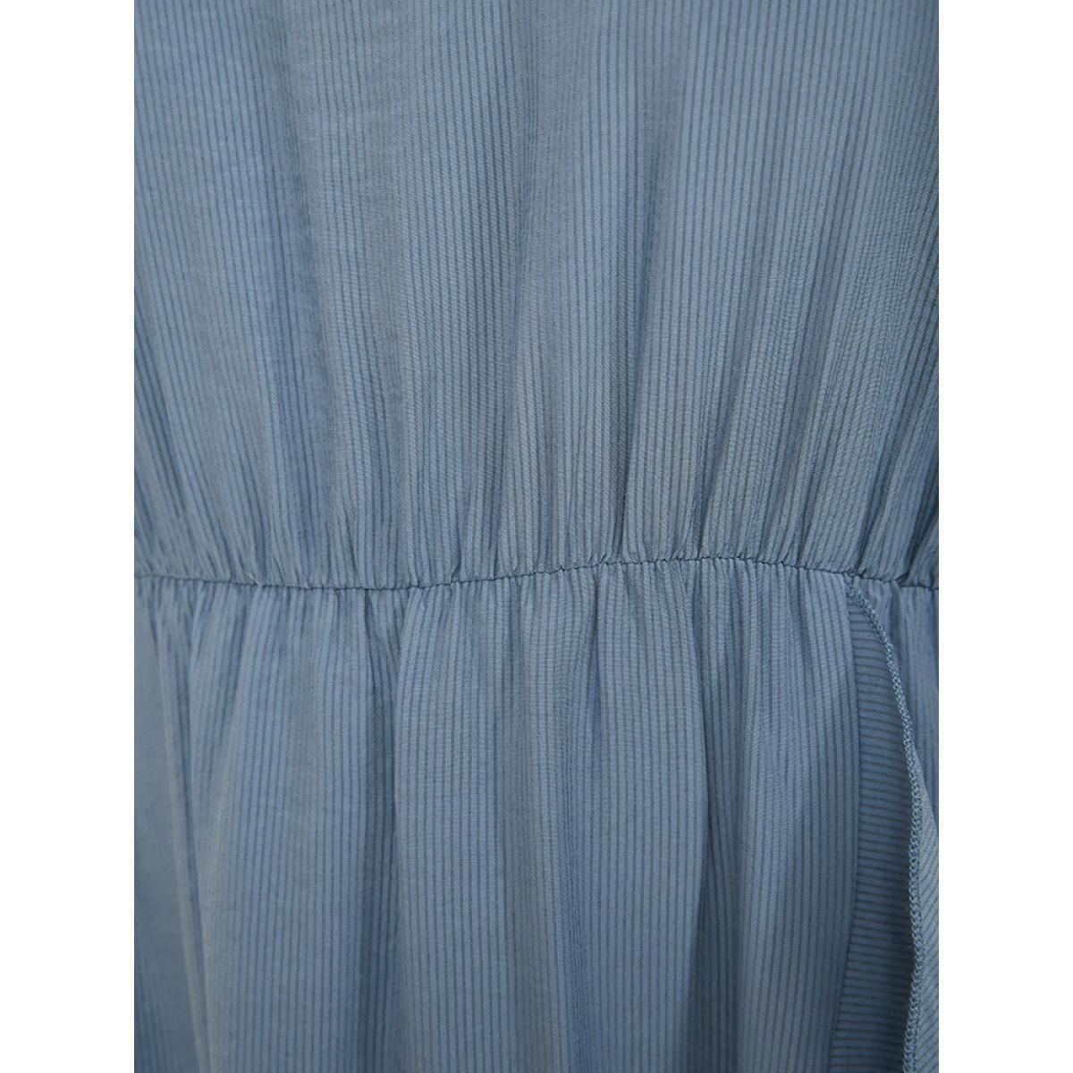 Plus Size Solid Keyhole Round Neck Pocket Ruffle Trim Rib Knit Dress Stone Women Elegant Cut-Out V-neck Short sleeve Curvy Midi Dress BloomChic 10/M Product Image