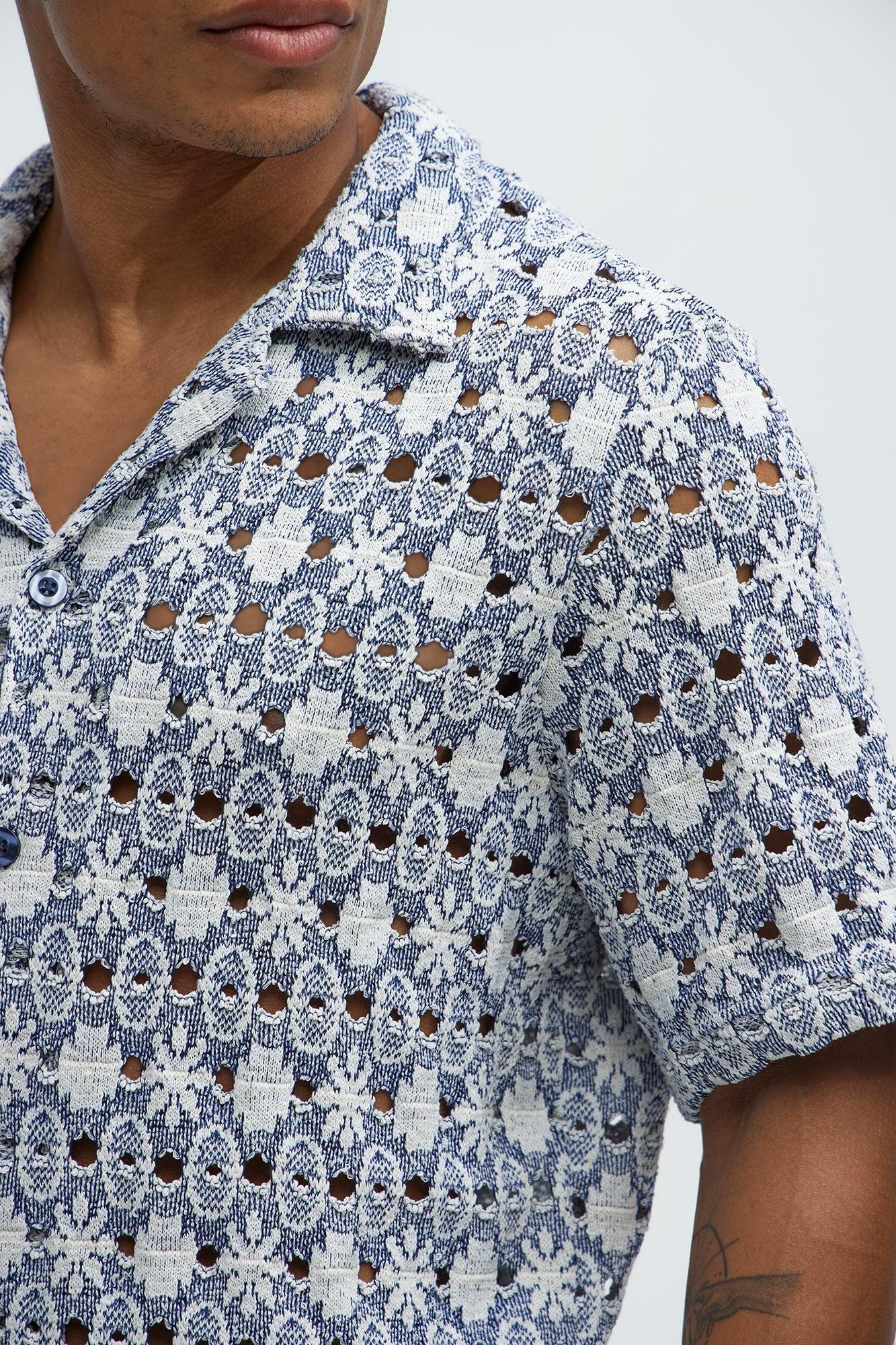 Patterned Open Knit Button Down Shirt - Blue/combo Product Image