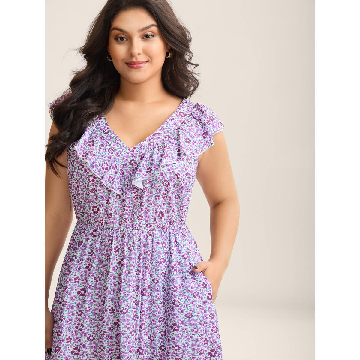 Plus Size Soft Floral Print Pockets Ruffled Midi Dress BlueViolet Women V-neck Cap Sleeve Curvy BloomChic 30/6X Product Image