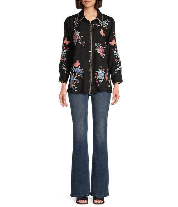 Calessa Petite Size Embroidered Textured Crinkle Point Collar Long Sleeve Button-Front Shirt Product Image