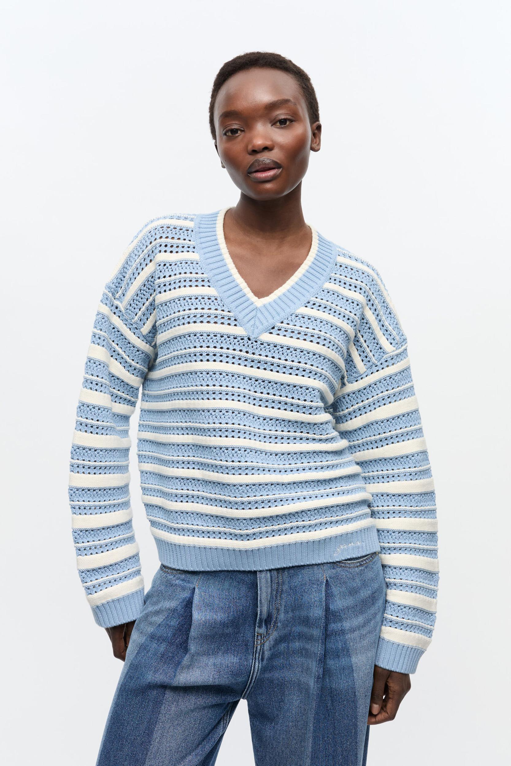 Blue Striped Cotton V-neck Sweater Product Image