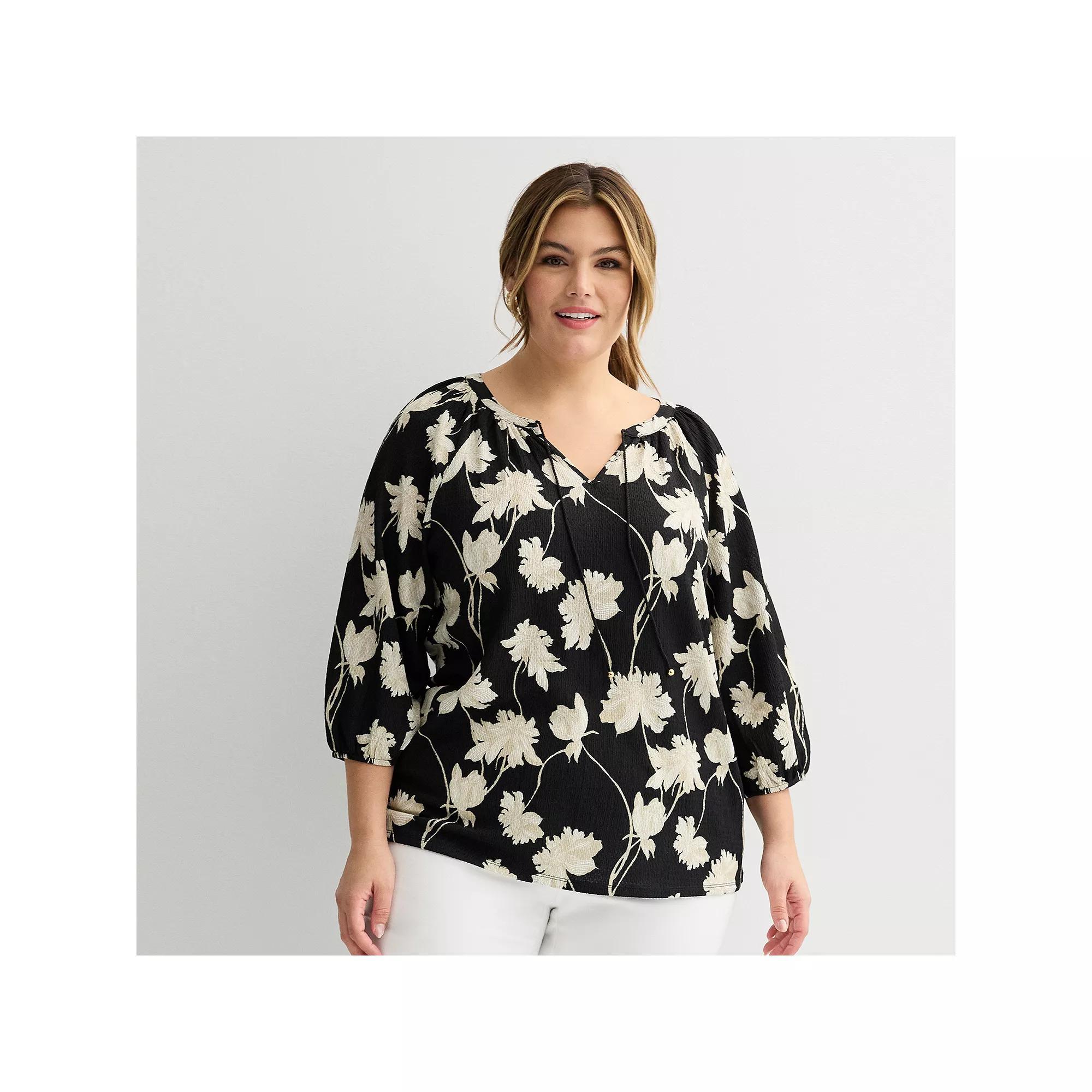 Plus Size Croft & Barrow® 3/4-Sleeve Peasant Top, Women's, Size: 3XL, Black Floral Product Image