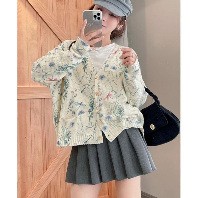 V-Neck Floral Print Button-Up Cardigan Product Image