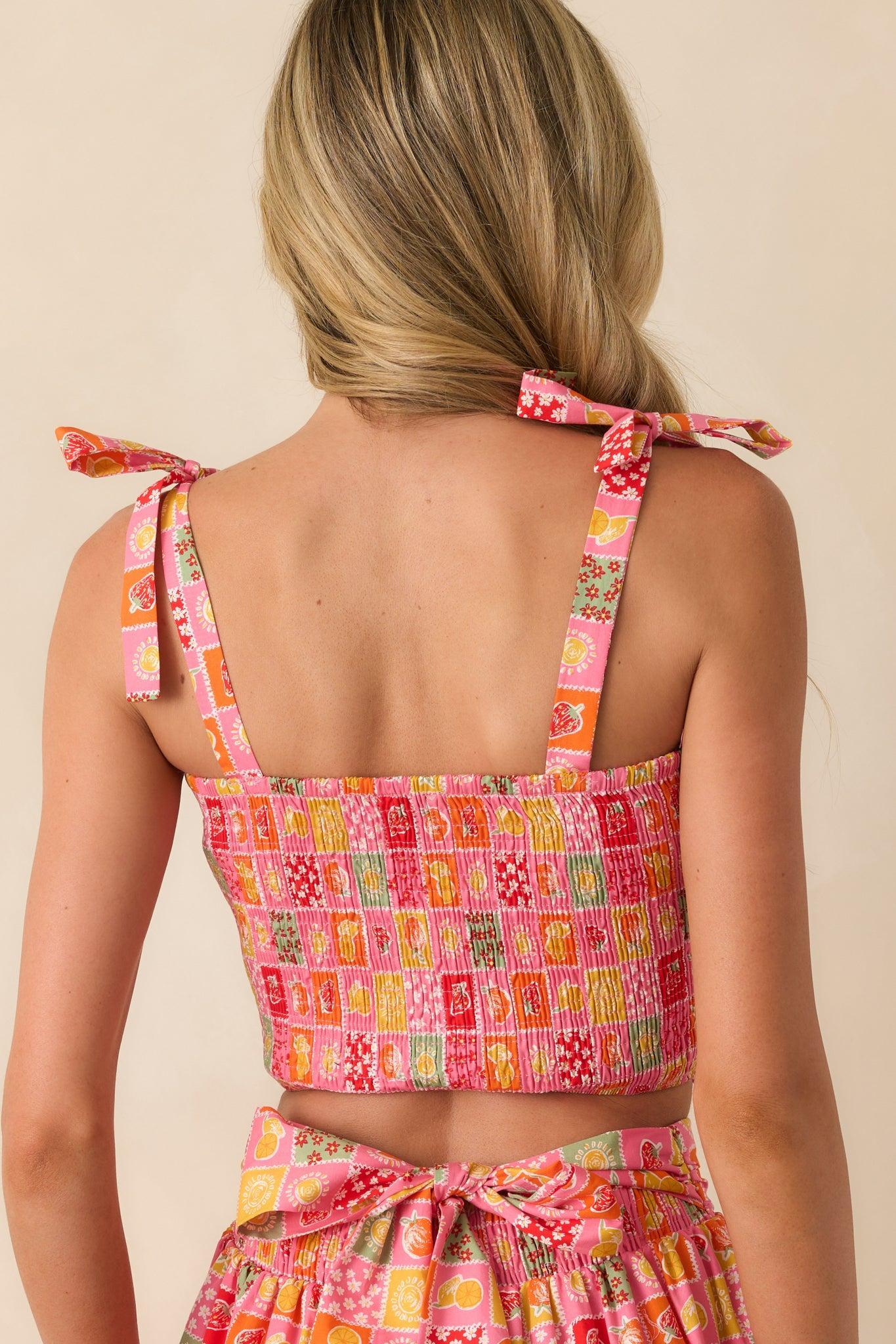 Shore Thing Pink Multi Patchwork Print Smocked Crop Top Product Image