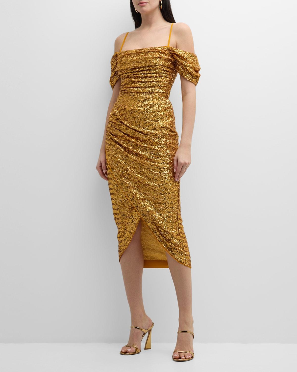 Off-Shoulder Ruched Sequin Midi Dress Product Image