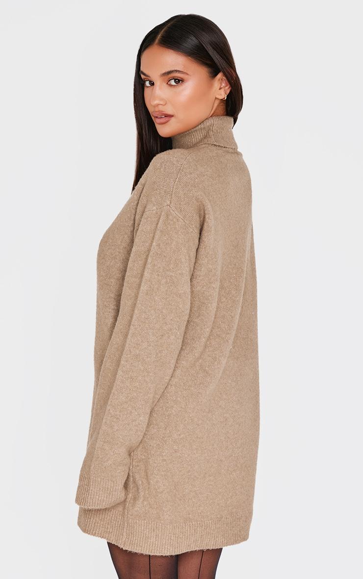 Light Mocha Soft Knit Roll Neck Oversized Seam Detail Sweater Dress Product Image