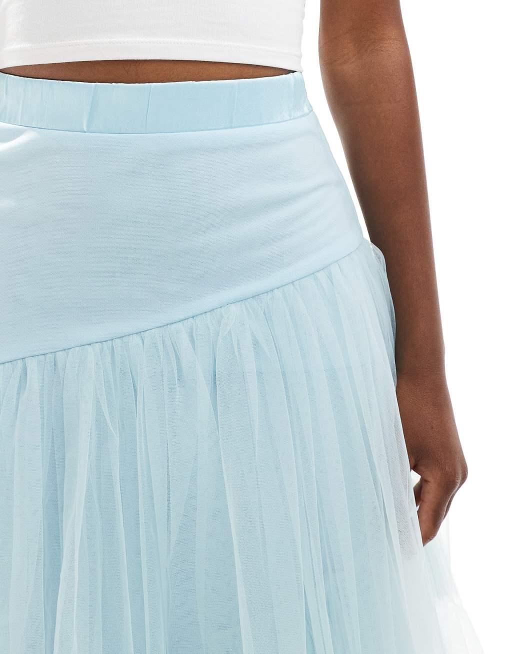 Lace & Beads asymmetric tulle maxi skirt in sky blue Product Image