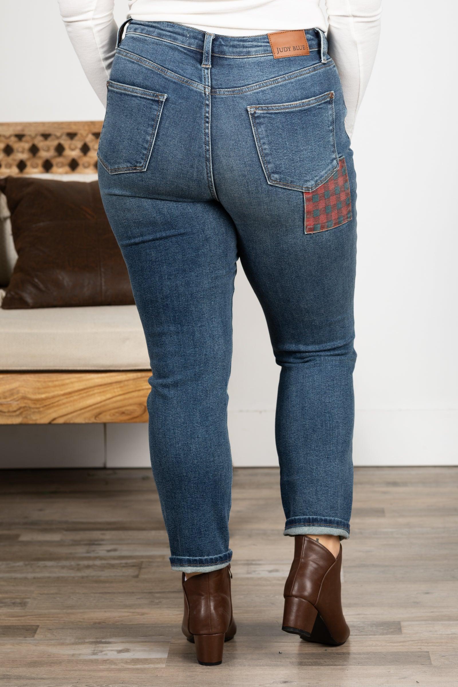 Judy Blue Medium Wash Plaid Patch Slim Jeans Product Image