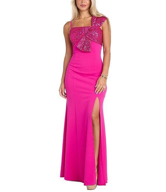Morgan & Co. Sequin Scuba Crepe One Shoulder Side Bow Long Dress Product Image